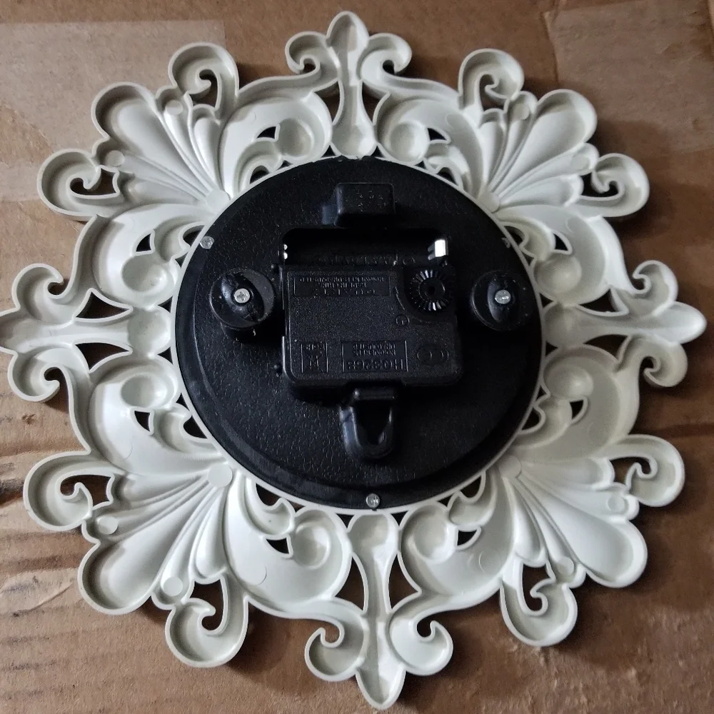 - Beige Embossed Fleur De Lis Floral Design Clock Battery Operated - NWOB